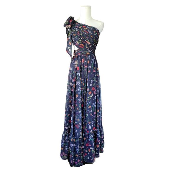 MAC DUGGAL Navy One Shoulder Cutout Floral Gown Floral Prom Formal Dress Size 0 - Picture 2 of 16